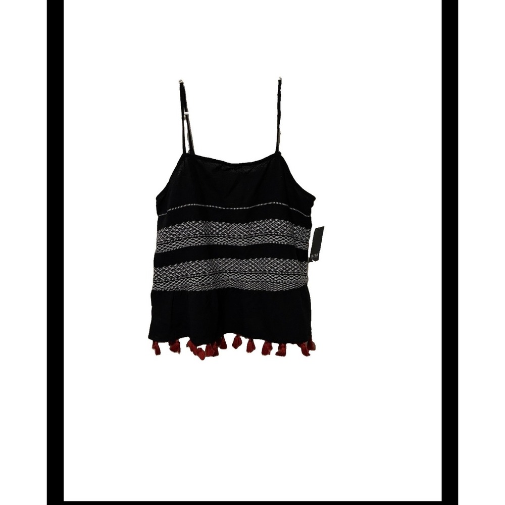 a.n.a Black Embroidered Boho Cami Tank Top with Red Tassel Trim Women Large NEW